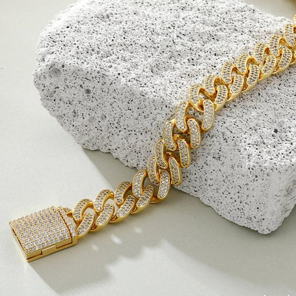 14mm Iced Miami Cuban Chain and Bracelet Set in Gold