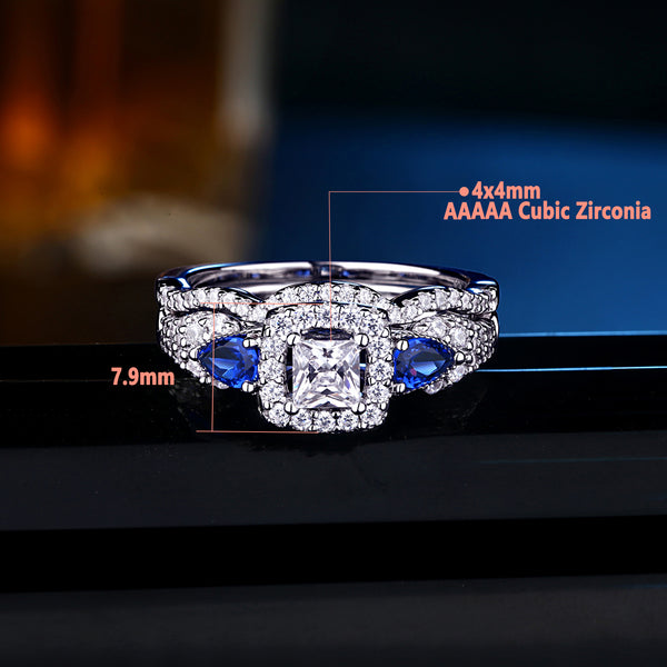 Bridal Set with AAAAA Princess Cut Blue Pear Zircons Sterling Silver