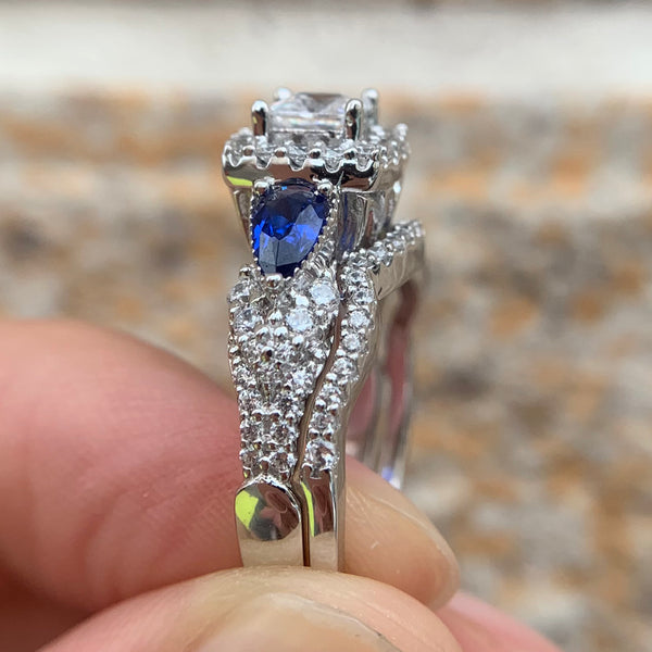 Bridal Set with AAAAA Princess Cut Blue Pear Zircons Sterling Silver