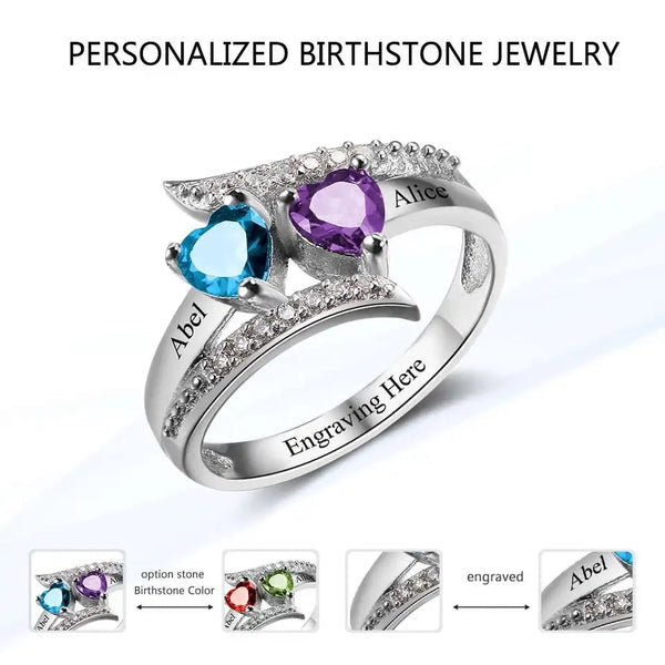Personalized Promise Ring with Birthstones and Names- Sterling Silver HNS Studio 
