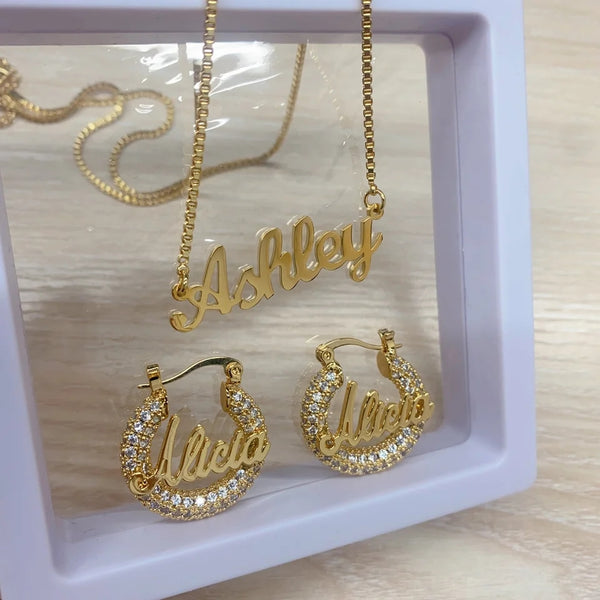 Name Necklace and Hoop Earrings with Bling HNS Studio Canada
