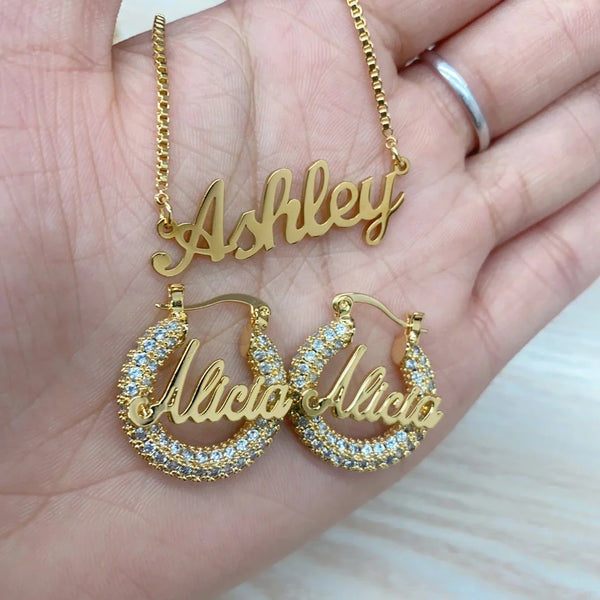 Name Necklace and Hoop Earrings with Bling HNS Studio Canada