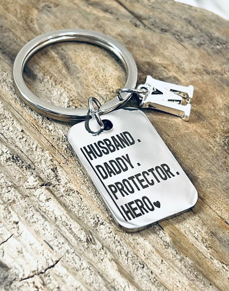 Husband. Daddy. Protector. Hero Engraved Stainless Steel Rectangle Charm on a Silver Tone Keyring