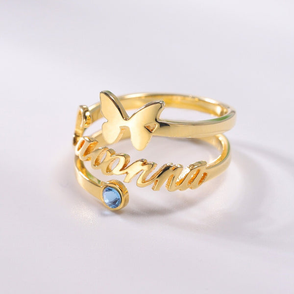 Butteryfly Name Ring with Birthstone HNS Studio Canada