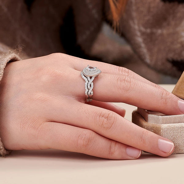 1.2 Carats Pear Shape Halo Silver Ring Set