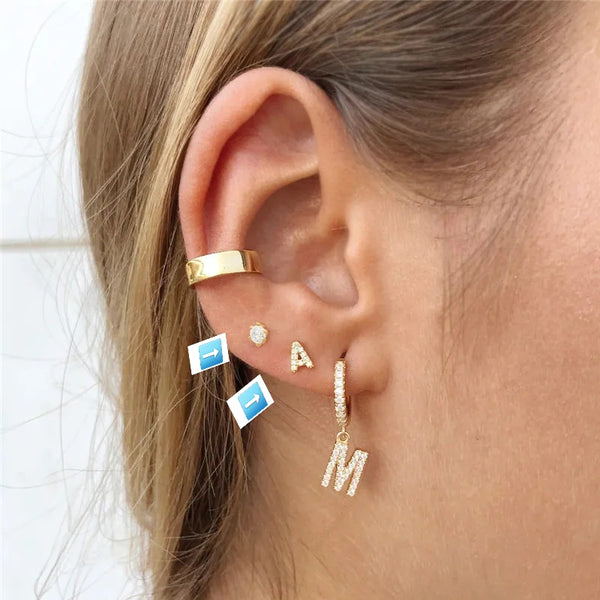 Small initial letter stud earrings with zircons