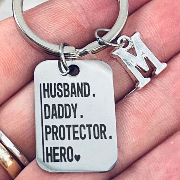 Husband. Daddy. Protector. Hero Engraved Stainless Steel Rectangle Charm on a Silver Tone Keyring