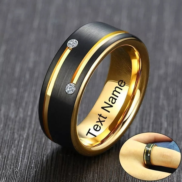 Men's Tungsten Carbide Band Black and Gold with Engraving HNS Studio Canada