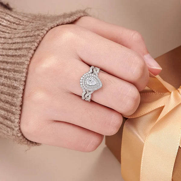 1.2 Carats Pear Shape Halo Silver Ring Set