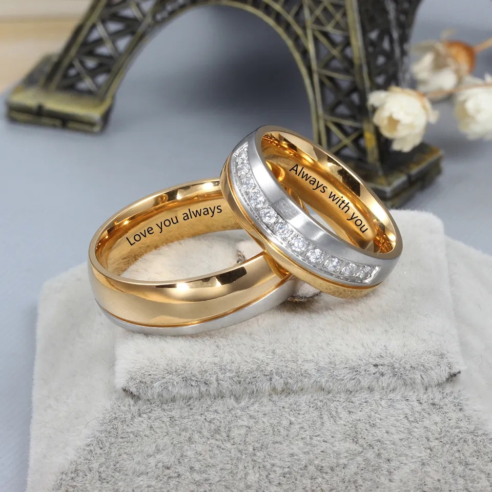 Matching promise ring set for couples with engraving