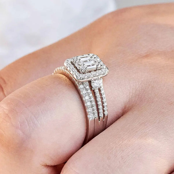 Emerald Cut Sterling Silver Women's Wedding Ring Set