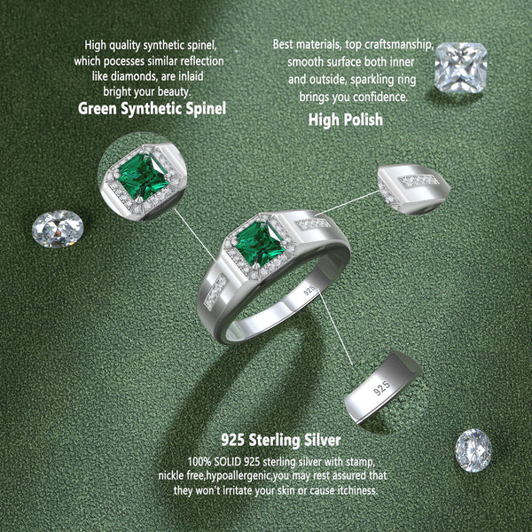 Men’s Emerald Stone Ring – 925 Sterling Silver Vintage Statement Band | May Birthstone Jewelry