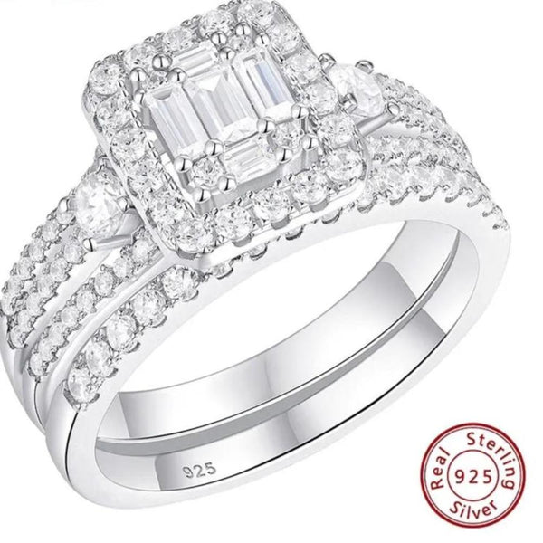 Emerald Cut Sterling Silver Women's Wedding Ring Set