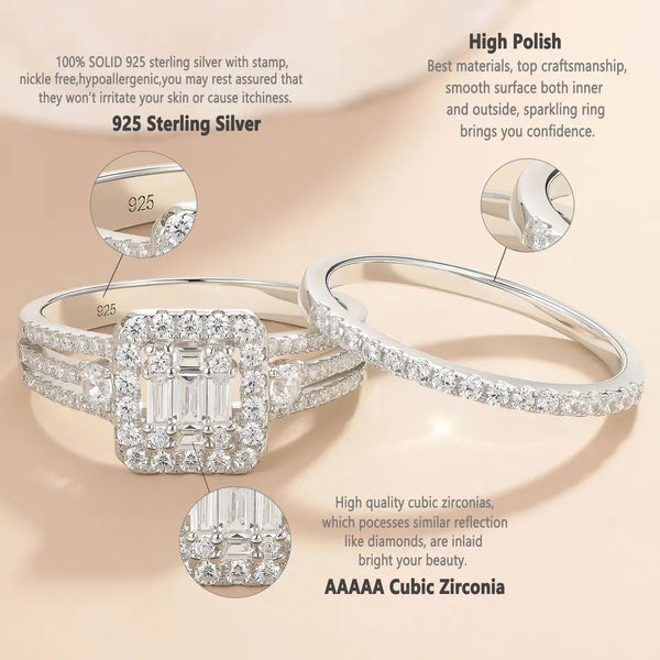 Emerald Cut Sterling Silver Women's Wedding Ring Set