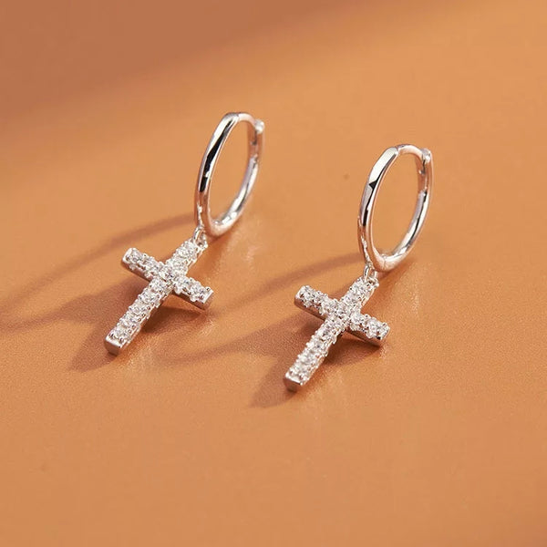 Cubic Zirconia Cross Huggie Hoops