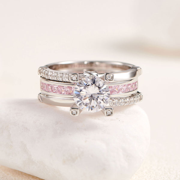 1.8 Carats  Sterling Silver Women's Wedding Ring Set with Pink Band HNS Studio Canada