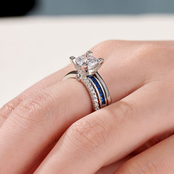 1.8 Carats  Sterling Silver Women's Wedding Ring Set with Blue Band HNS Studio Canada
