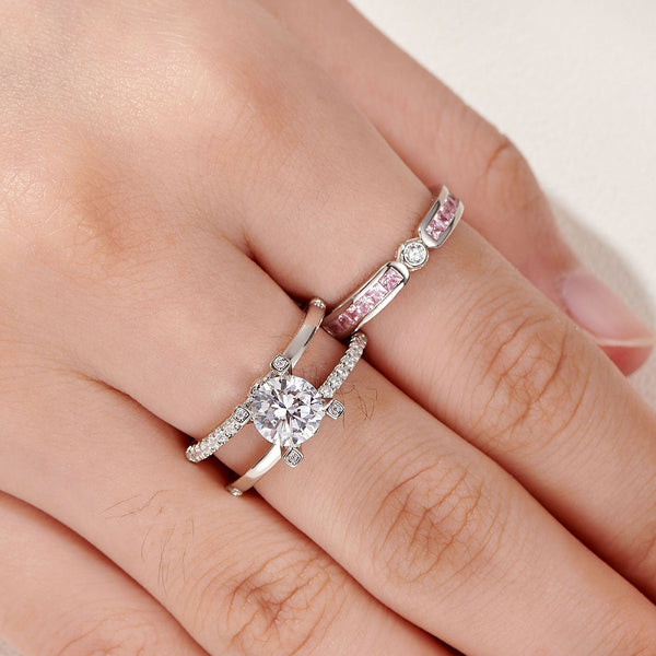 1.8 Carats  Sterling Silver Women's Wedding Ring Set with Pink Band HNS Studio Canada