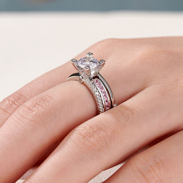 1.8 Carats  Sterling Silver Women's Wedding Ring Set with Pink Band HNS Studio Canada