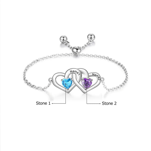 Interlocking Heart Silver Bracelet with Names and Birthstones HNS Studio Canada