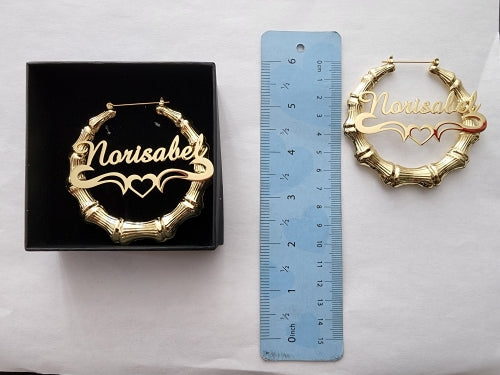 Gold Large Bamboo Name Hoop Earrings with Heart HNS Studio Canada