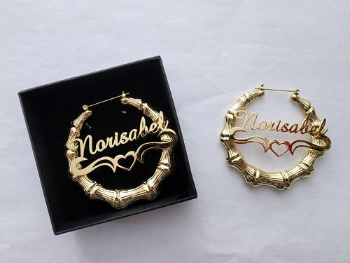 Gold Large Bamboo Name Hoop Earrings with Heart HNS Studio Canada