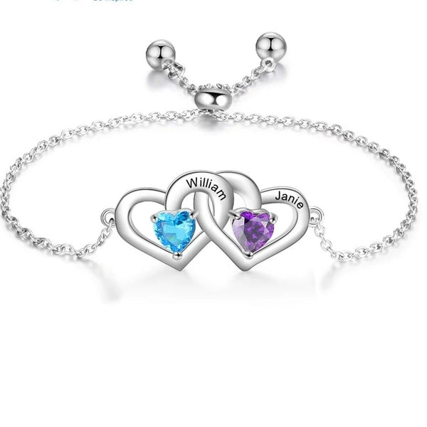 Interlocking Heart Silver Bracelet with Names and Birthstones HNS Studio Canada