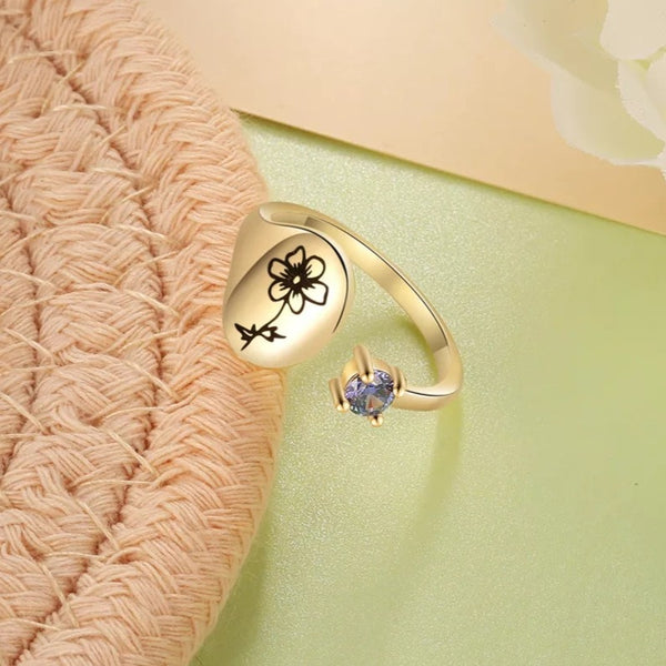 Personalized Birth Flower Signet Ring HNS Studio Canada