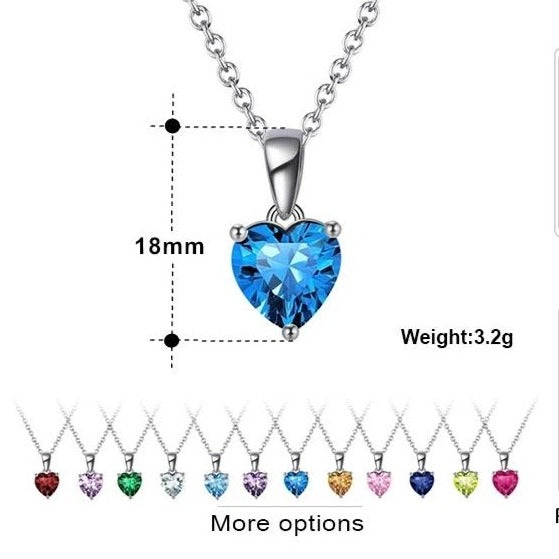 Sterling Silver Heart  Birthstone Pendant Necklace