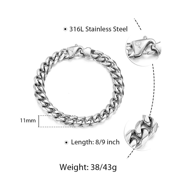 Men's 316L Stainless Steel Curb Link Chain Bracelet - 9 mm