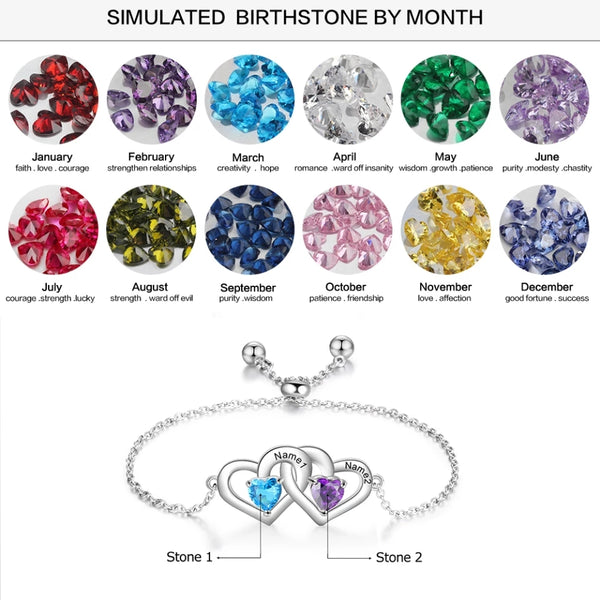 Interlocking Heart Silver Bracelet with Names and Birthstones HNS Studio Canada