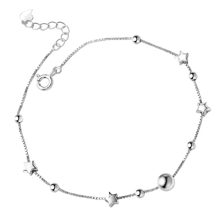 Sterling Silver Bead and Star Anklet