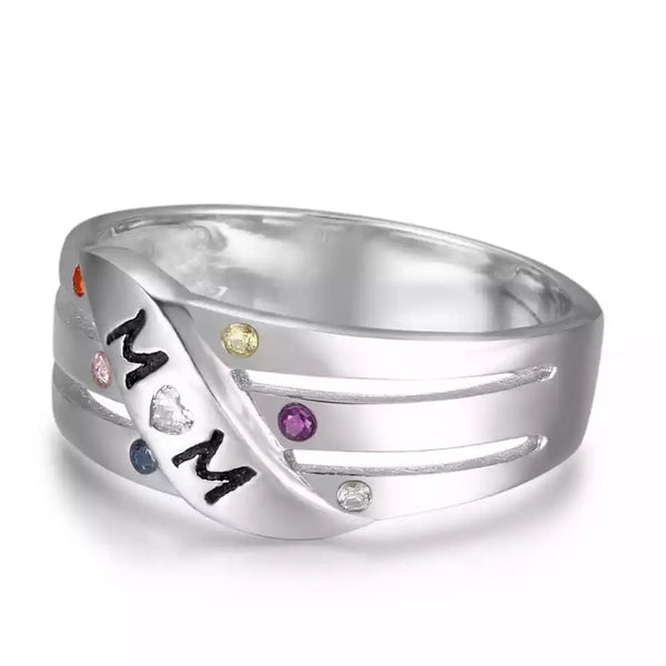 Engraved Six Birthstones and Names Mom Ring