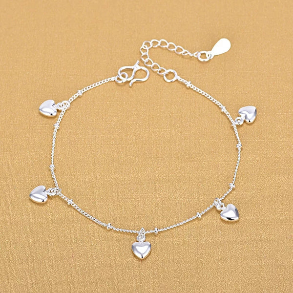 Sterling Silver puffed hanging Hearts Anklet