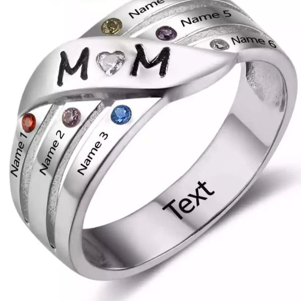 Engraved Six Birthstones and Names Mom Ring