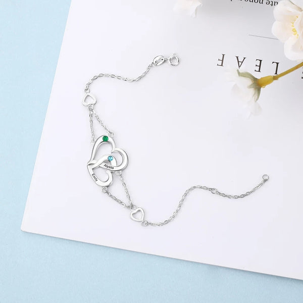 Interlocking Heart Silver Bracelet with Names and Birthstones HNS Studio Canada