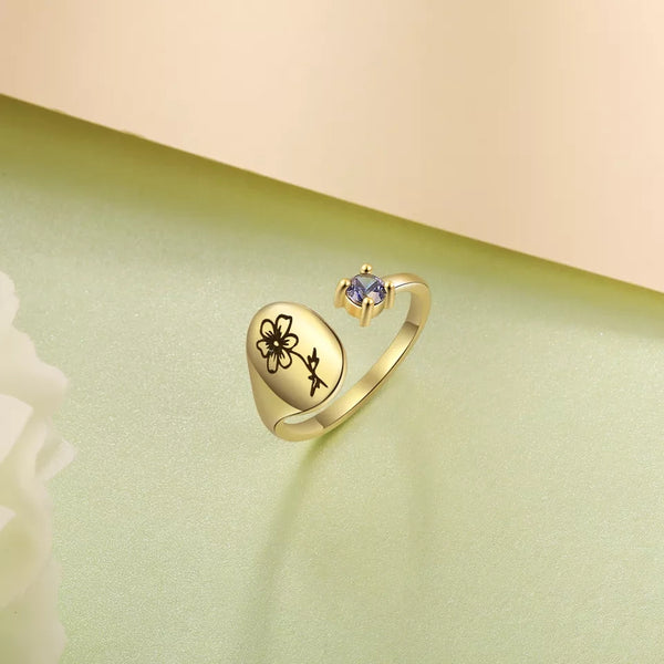 Personalized Birth Flower Signet Ring HNS Studio Canada