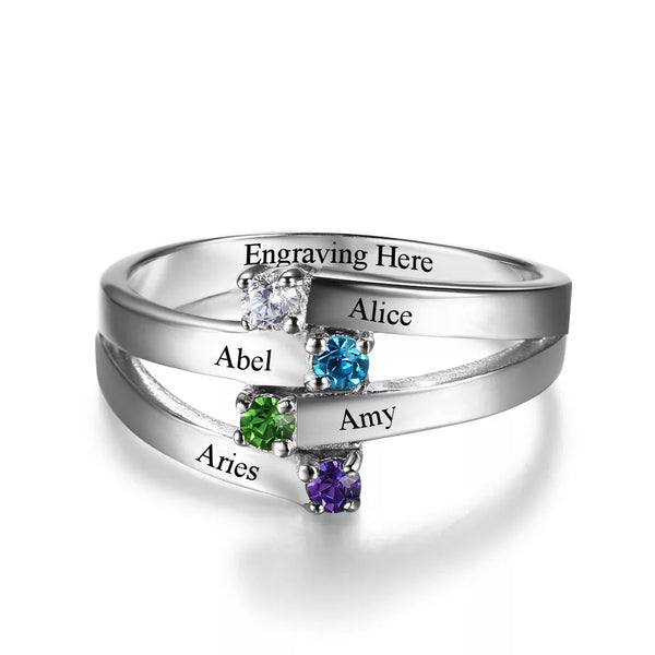 Personalized Sterling Silver family names Ring with Birthstones - HNS Studio