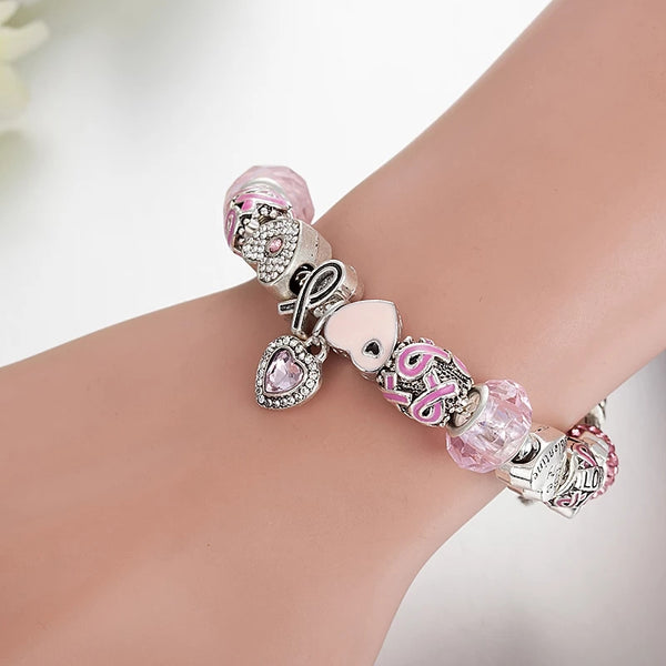 Breast Cancer Awareness Charm Bracelet, Charms Bracelet for Women