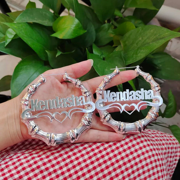 Gold Large Bamboo Name Hoop Earrings with Heart HNS Studio Canada