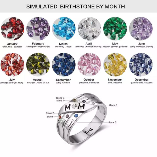Engraved Six Birthstones and Names Mom Ring