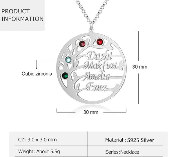 Family Tree Birthstones and Names Sterling Silver  Necklace HNs Studio Canada