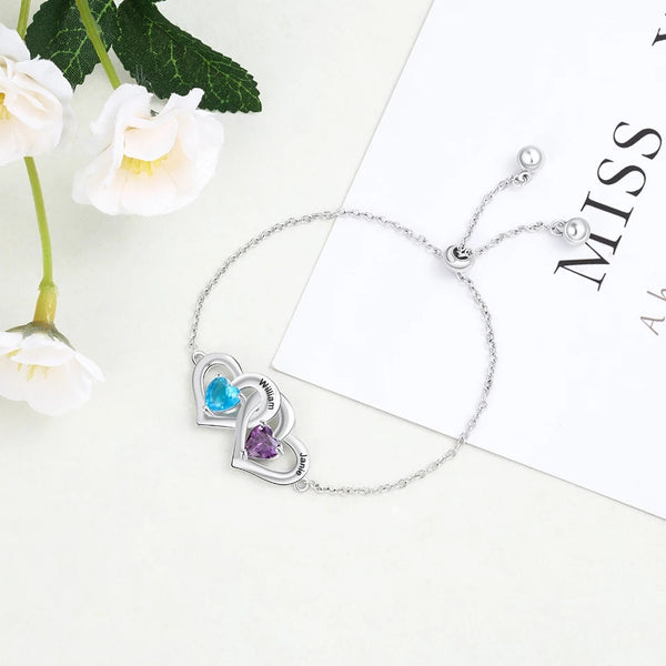 Interlocking Heart Silver Bracelet with Names and Birthstones HNS Studio Canada