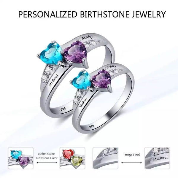 Personalized Sterling Silver Ring with Birthstones and Names - HNS Studio