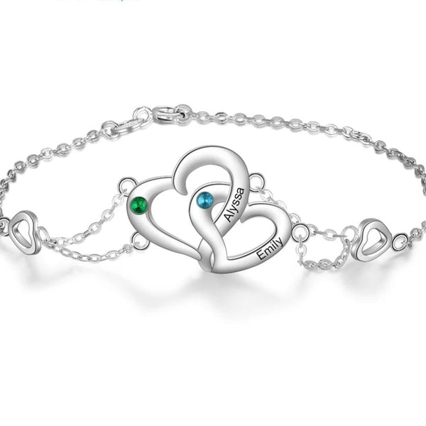 Interlocking Heart Silver Bracelet with Names and Birthstones HNS Studio Canada