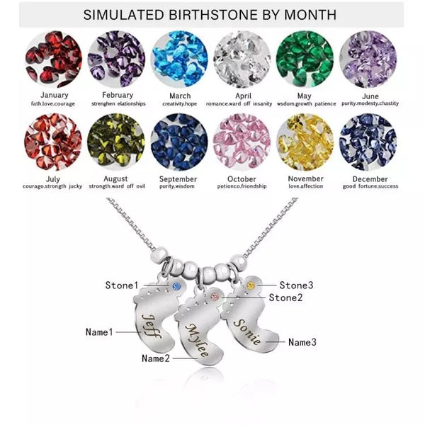 Baby Feet  Necklace with Kids Names and Birthstones