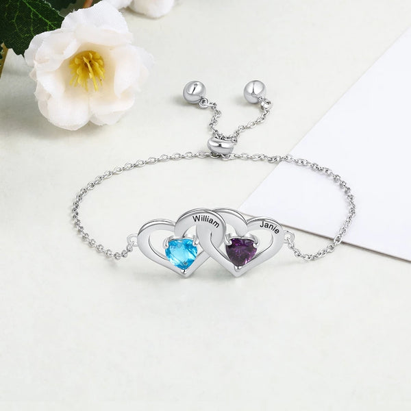 Interlocking Heart Silver Bracelet with Names and Birthstones HNS Studio Canada