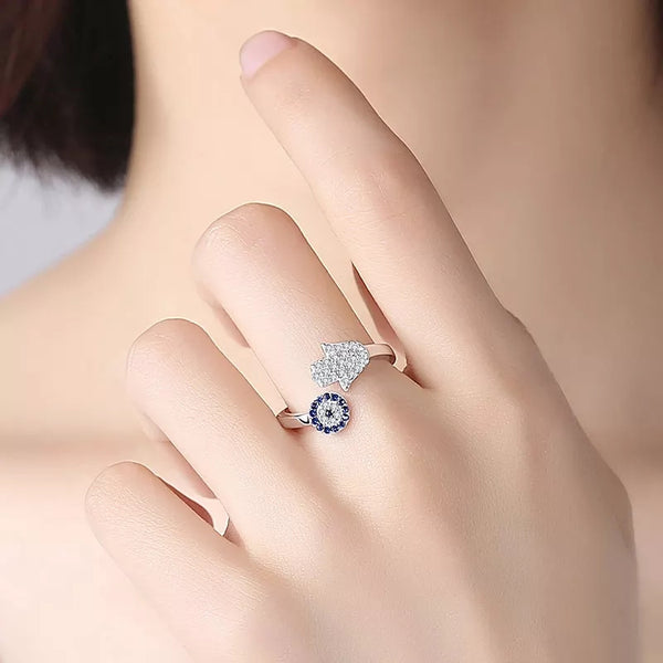 Adjustable Hamsa Hand Evil Eye Sterling Silver Ring