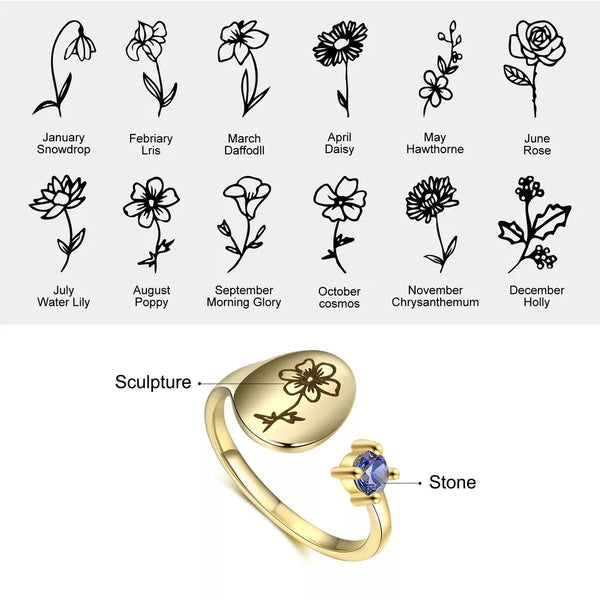 Personalized Birth Flower Signet Ring HNS Studio Canada
