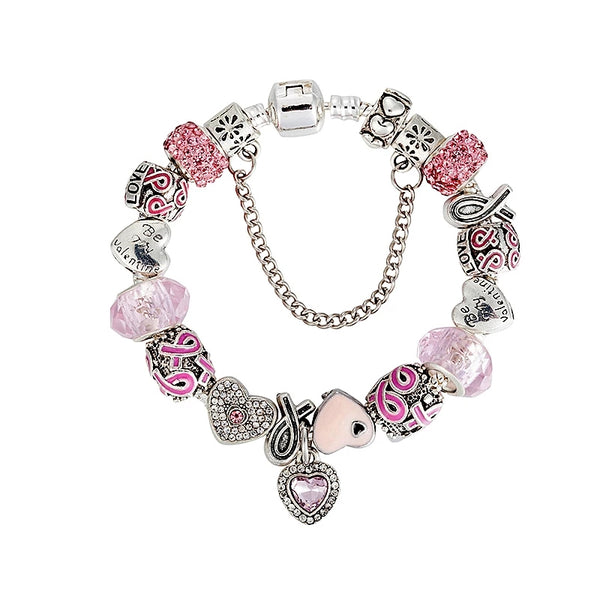 Breast Cancer Awareness Charm Bracelet, Charms Bracelet for Women